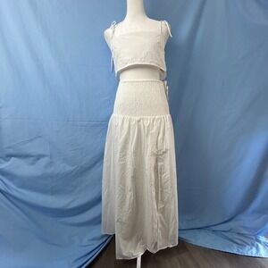 Commense Shirred Waist Split Thigh Skirt Set Womens XS White Stretch Relaxed Fit